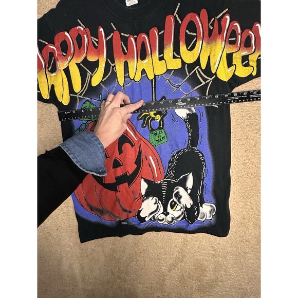 Vtg Halloween Pumpkin Kitty 1996 90s All Over Print T-shirt Unisex Sz L Costume - Picture 13 of 16